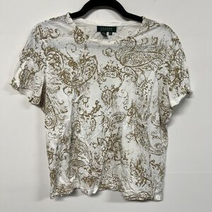 Lauren Ralph Lauren T Shirt Womens Size M Gold Paisley Short Sleeve Crew Neck